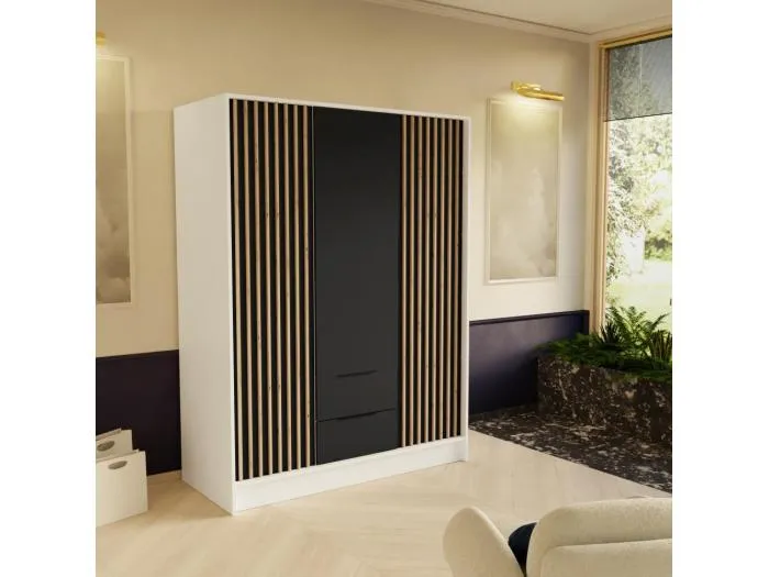 DREHTÜRENSCHRANK Nero 150/51/200 cm mit Lamellen weiß+schwarz