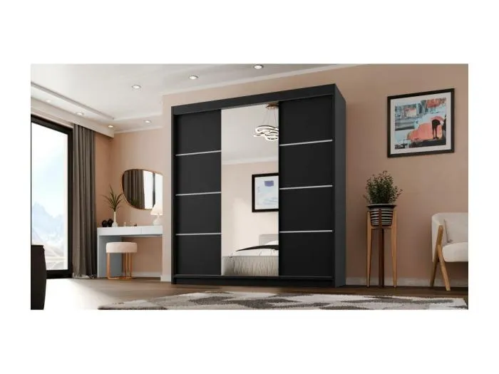 SCHWEBETÜRENSCHRANK Milo 200/215/58 3-türig schwarz mit Spiegel