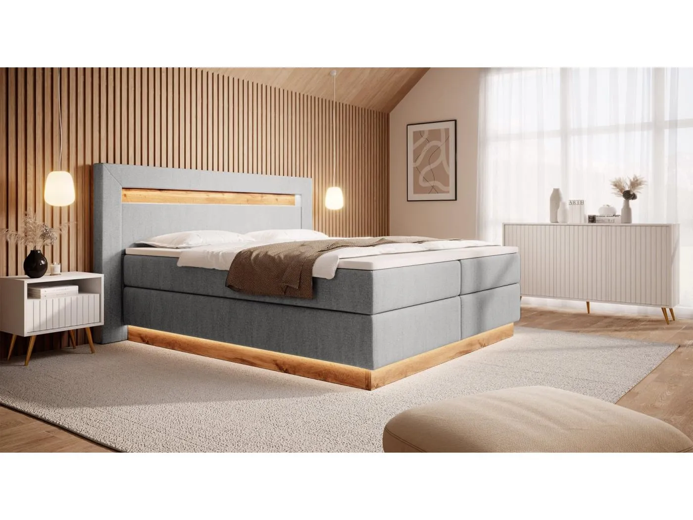 Doppelbett - Boxspringbett mit Topper - Beleuchtung und Samtbezug in Hellgrau - 140x200 cm - OSKI
