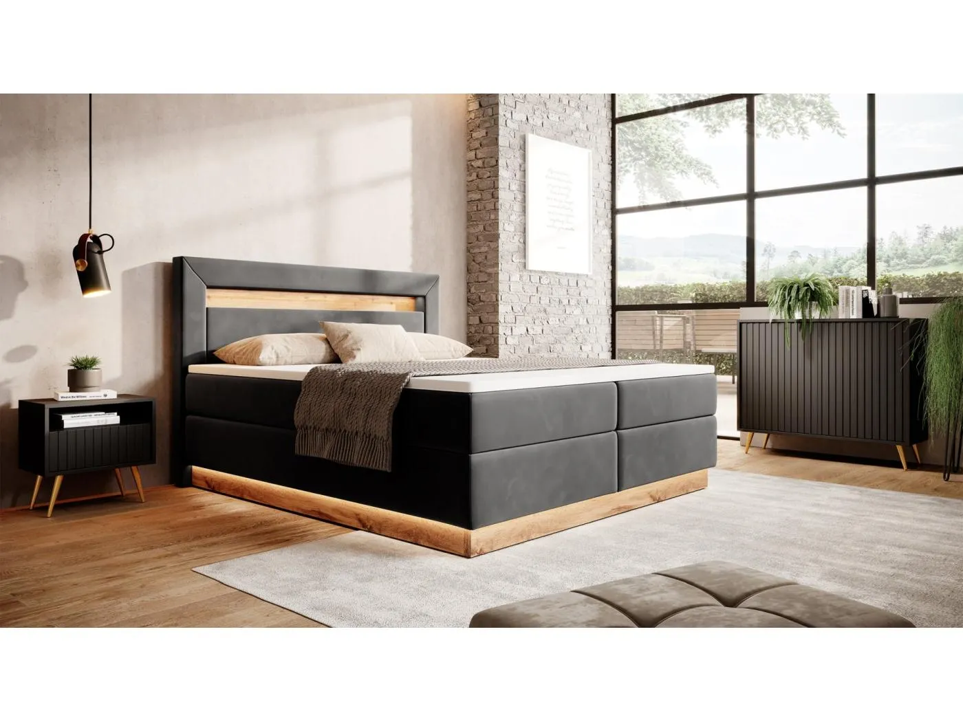 Doppelbett - Boxspringbett mit Topper - Beleuchtung und Samtbezug in Graphit - 140x200 cm - PROMIE