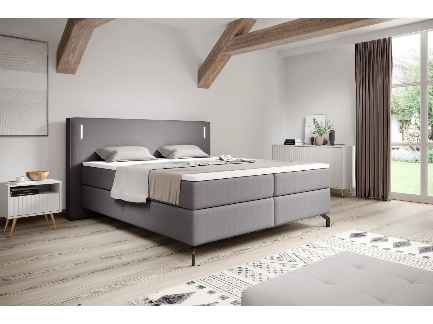 Doppelbett - Boxspringbett mit Topper - Beleuchtung und Samtbezug in Grau - 140x200 cm - LANKO