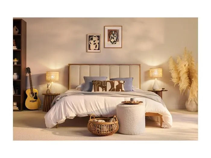 Doppelbett 160x200 cm aus hellem Holz und hellgrauem Stoff RONN