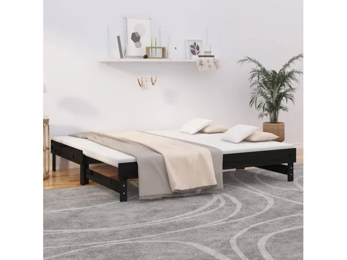 Tagesbett Ausziehbar Schwarz 2x(75x190) cm Massivholz Kiefer