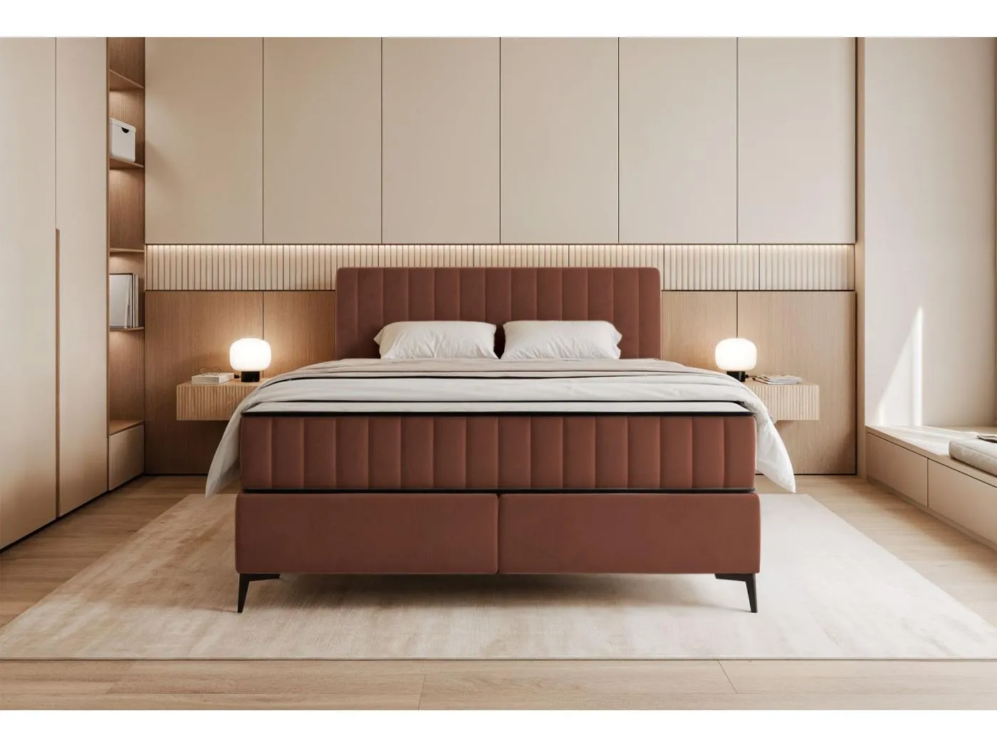 Boxbett 140x200 mit Bettkasten – wasserabweisender Velours - kupfer - MUFASSO