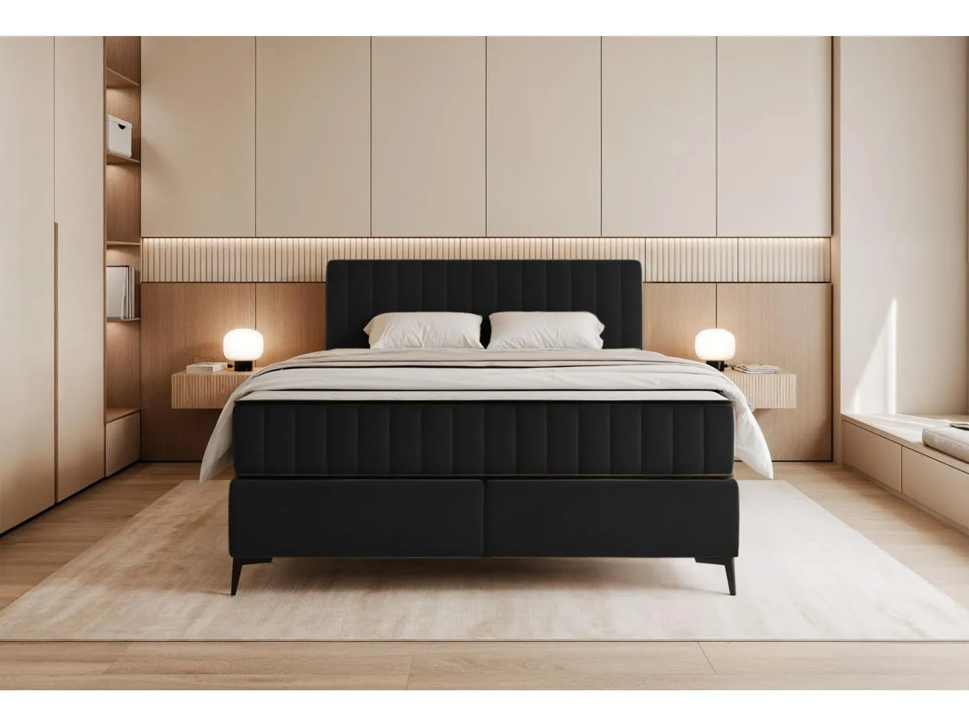 Boxbett 140x200 mit Bettkasten – wasserabweisender Velours - schwarz - MUFASSO