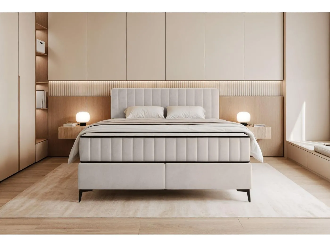 Boxbett 140x200 mit Bettkasten – wasserabweisender Velours - hellbeige - MUFASSO