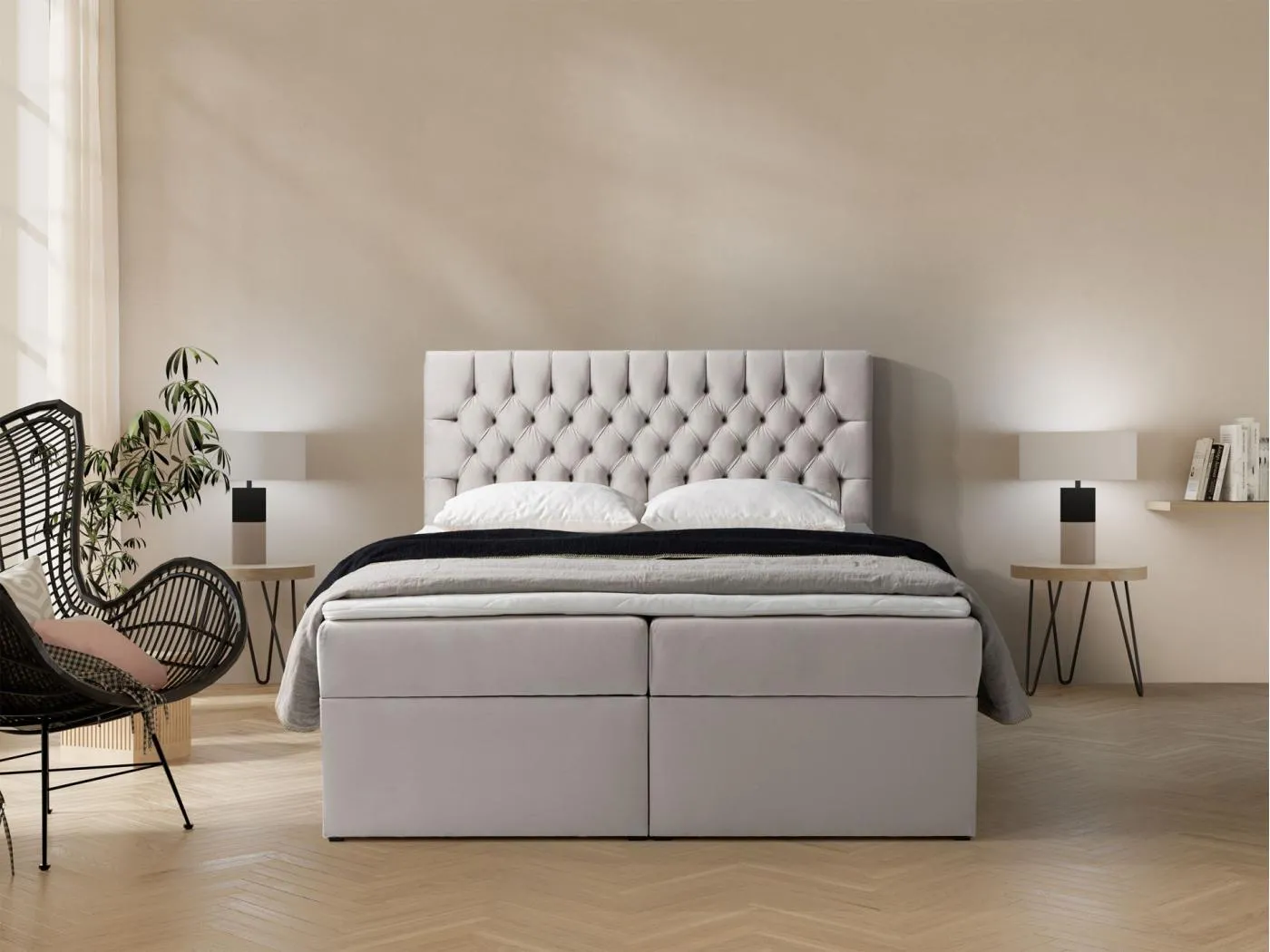 Boxbett 180×200 mit Matratze und Topper – Samt – Hellbeige – DAISSY