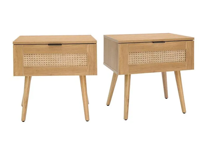Nachttische mit hellem Holzfinish, Rattangeflecht und schwarzem Metall (2er-Set) MANILLE