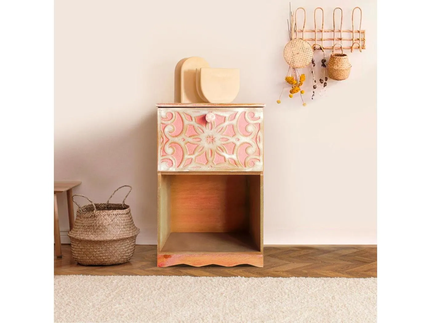 Table de chevet style oriental bois sculpté 1 porte Monbolyto Bois Rose