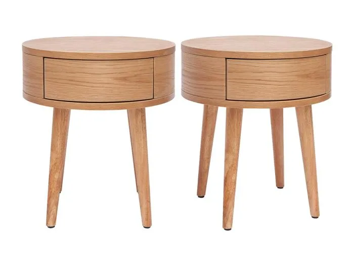 Runde Nachttische aus hellem Holz mit Schublade (2er-Set) JUDITH