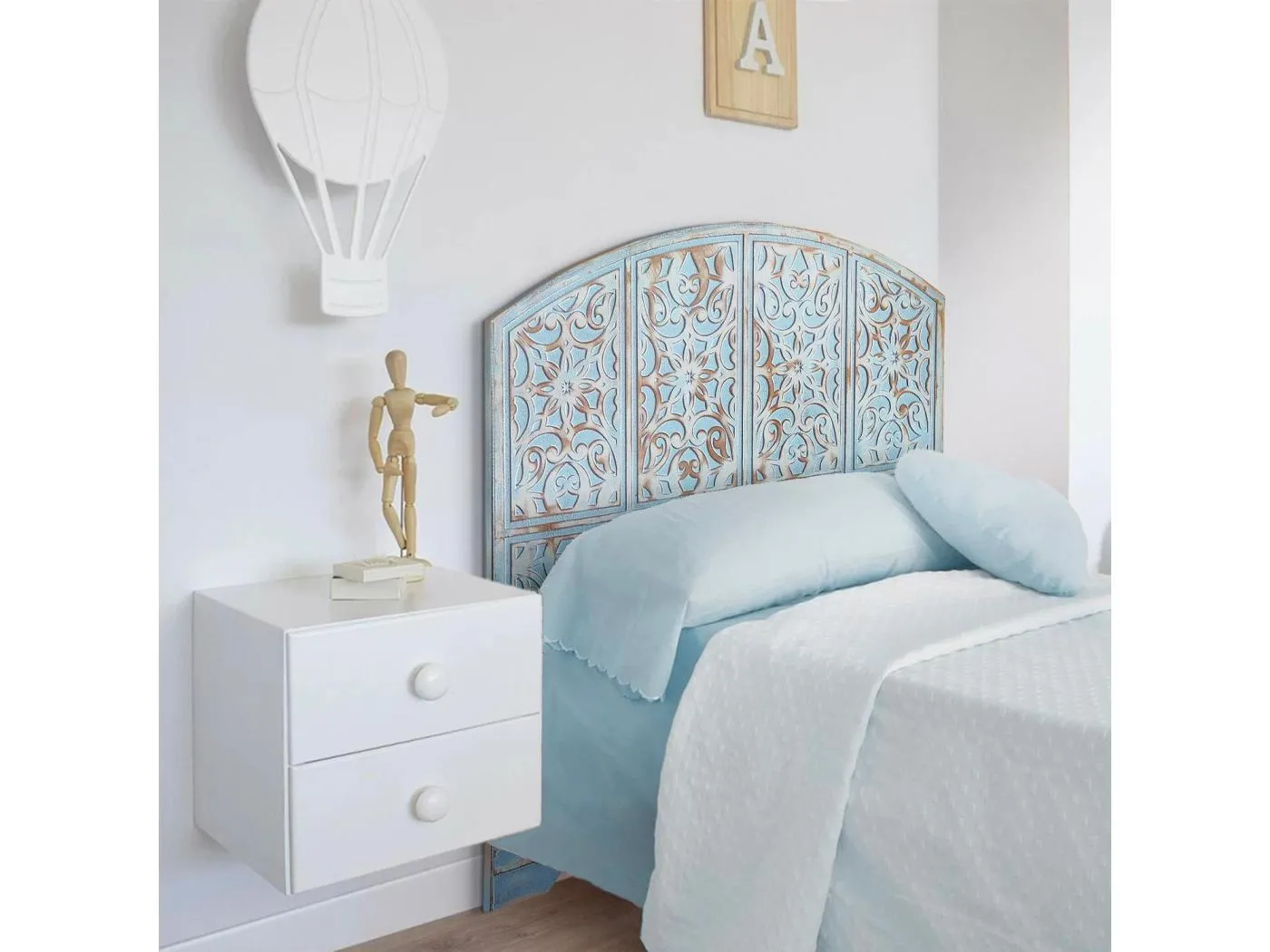 Orientalisch geschnitztes Kopfteil Linium 120cm Patiniertes Blau