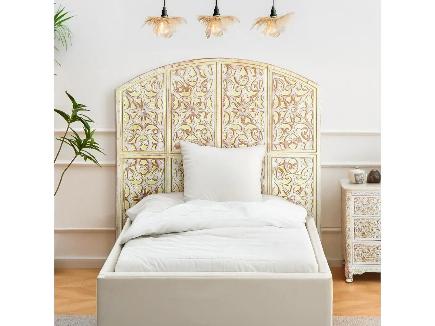 Tête de lit style oriental bois sculpté Linium 120cm Jaune patiné