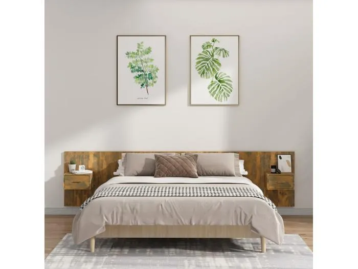 Bettkopfteil mit Nachttischen Räuchereiche Holzwerkstoff