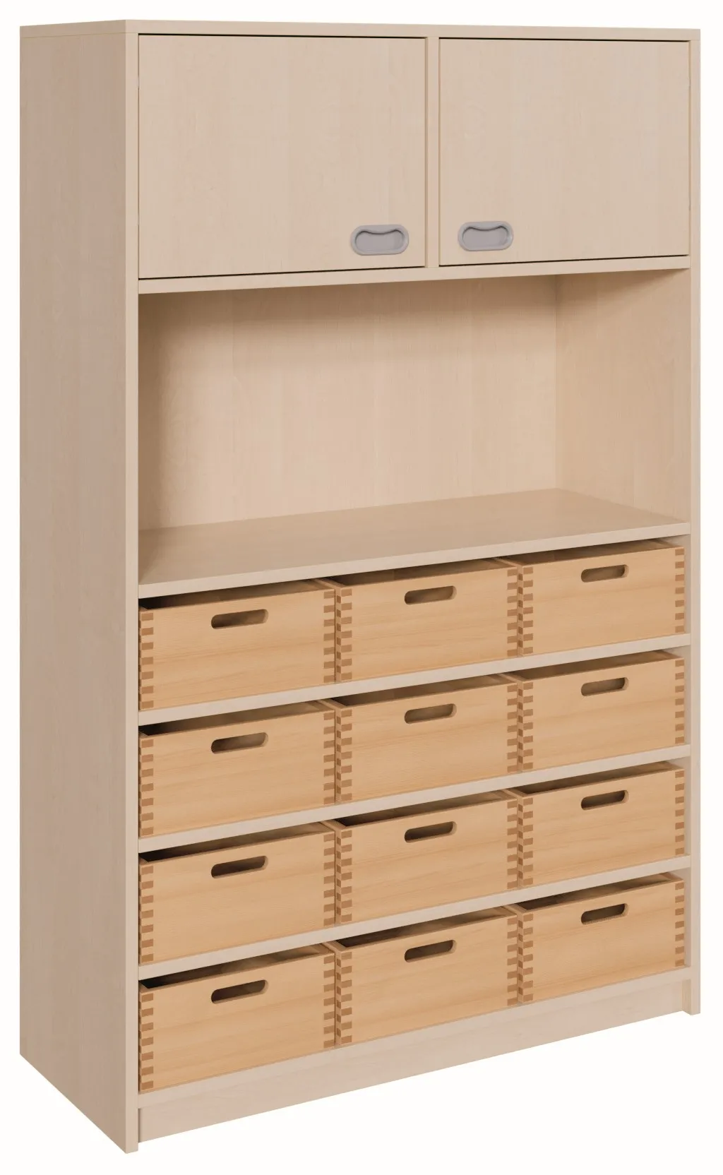 Schrank mit 12 großen Massivholzkästen inkl. Sichtfenster und Oberschrank, Breite 102 cm