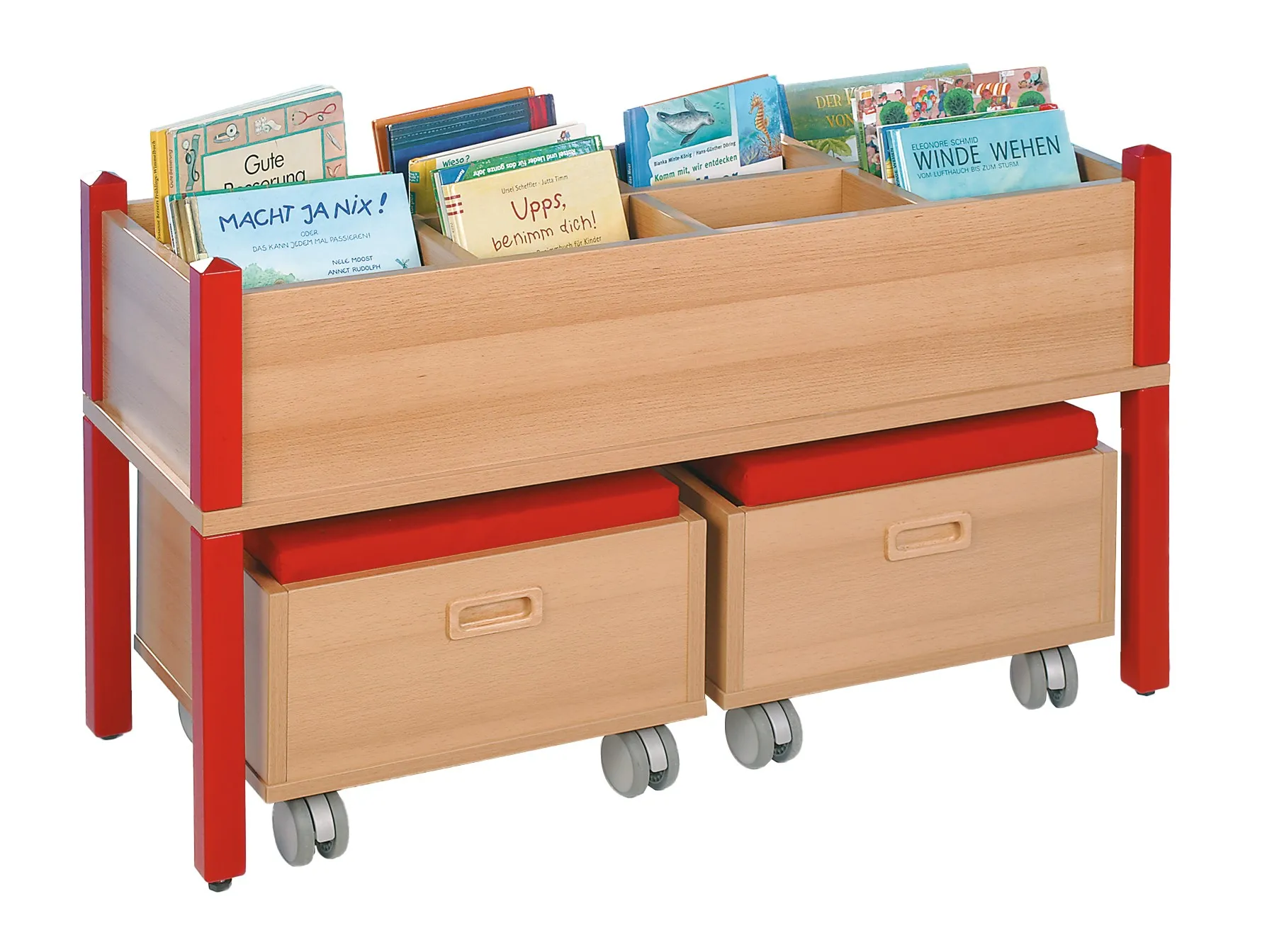 Bücher- und Spielkiste mit 8 offenen Fächern und 2 Rollkästen