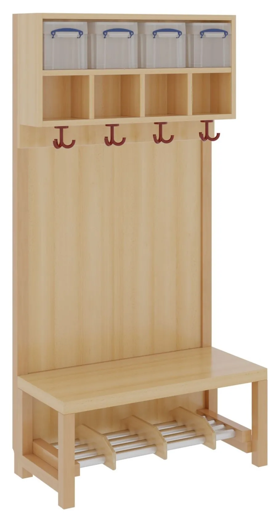 Komplettgarderobe mit doppelter Ablage und Boxen, Stütze mit Paneelrückwand, mit Facheinteilung