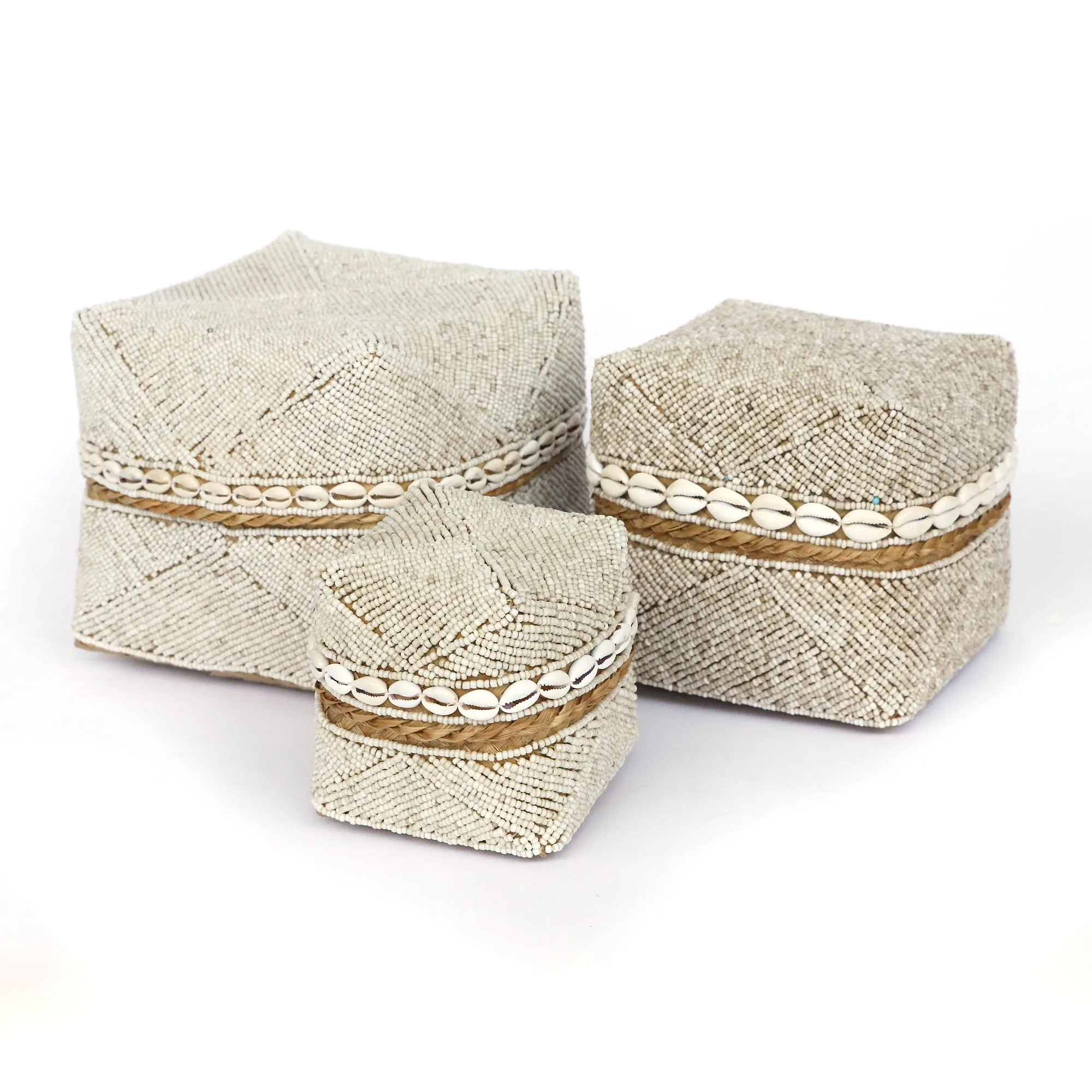 3er-Set Opfergabekörbe, natur, mit Muschelbesatz