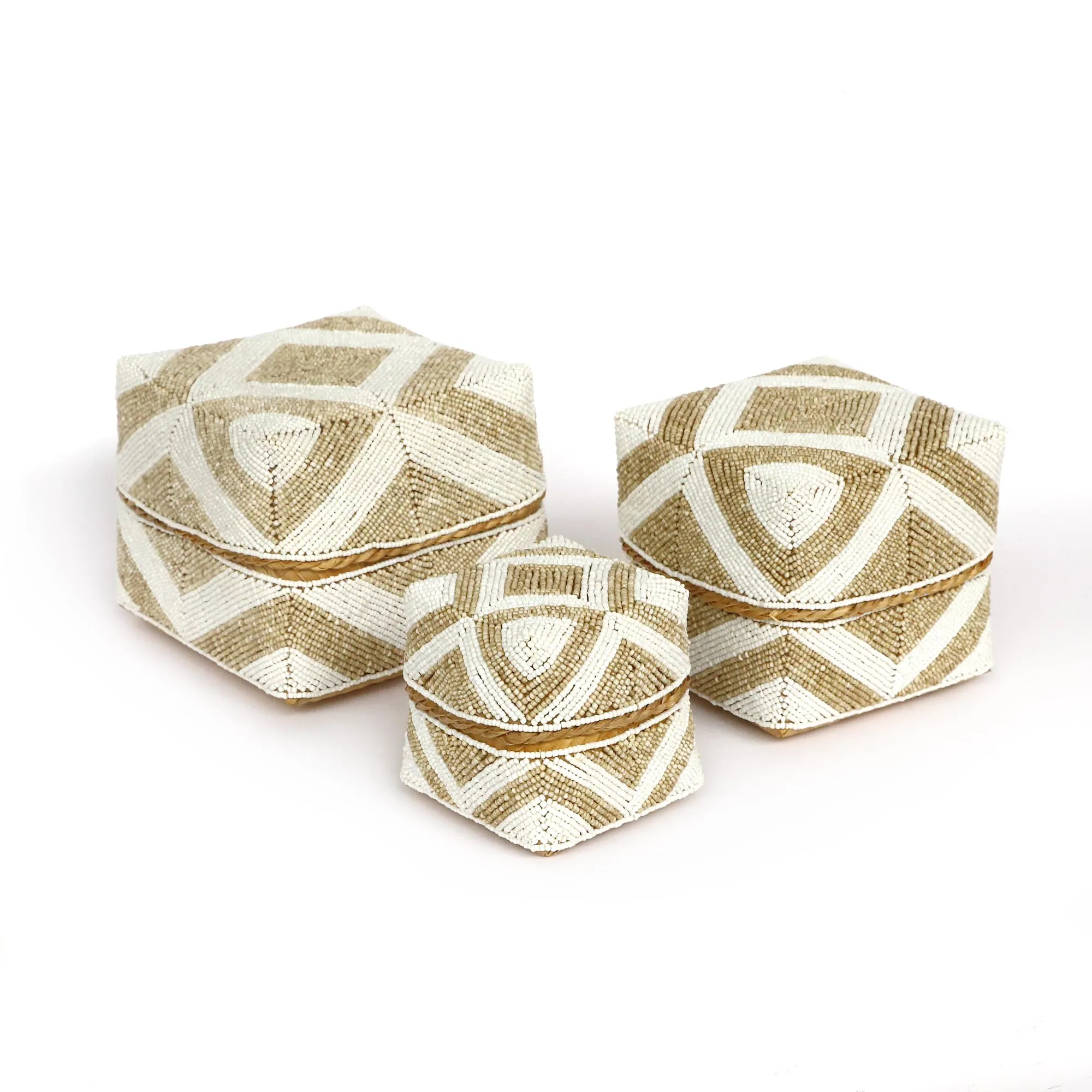 3er-Set Opfergabekörbe, braun-weiß, mit Muschelbesatz