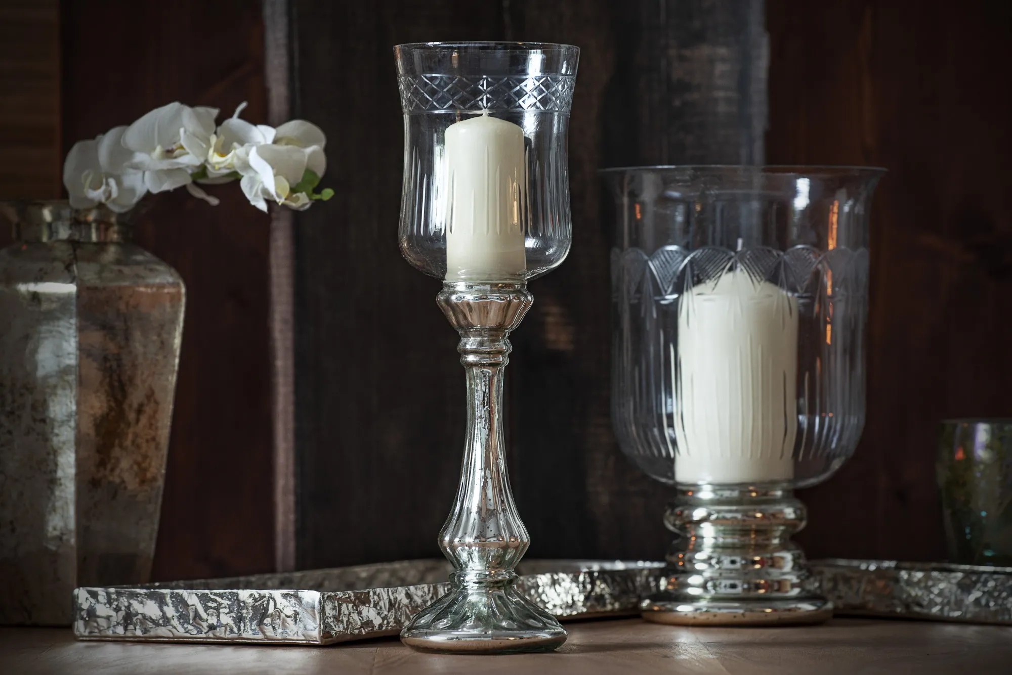 Windlicht 'Lebruin', Glas, silbern, Ø 11 cm, H 36 cm