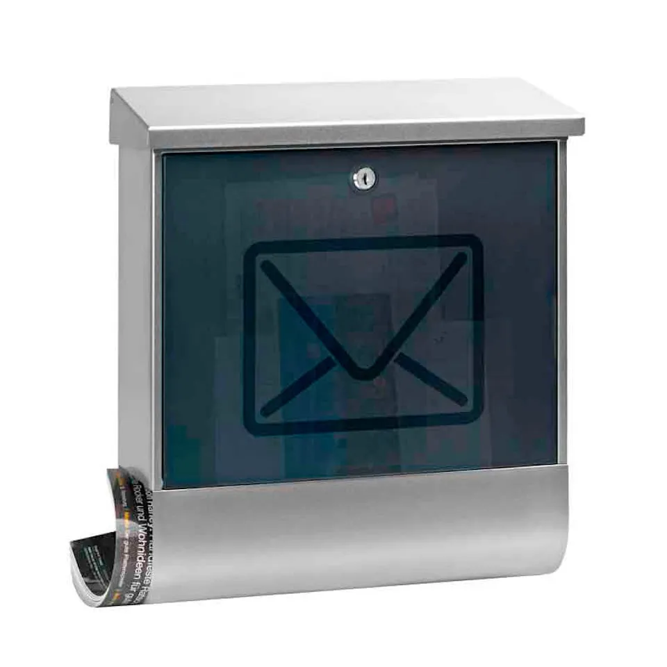 Wandbriefkasten Lucenta aus Edelstahl mit transparentem Tür & Zeitungsfach | 18,6 Liter, HxBxT 42,5x38x11,5cm | Edelstahl / Silber