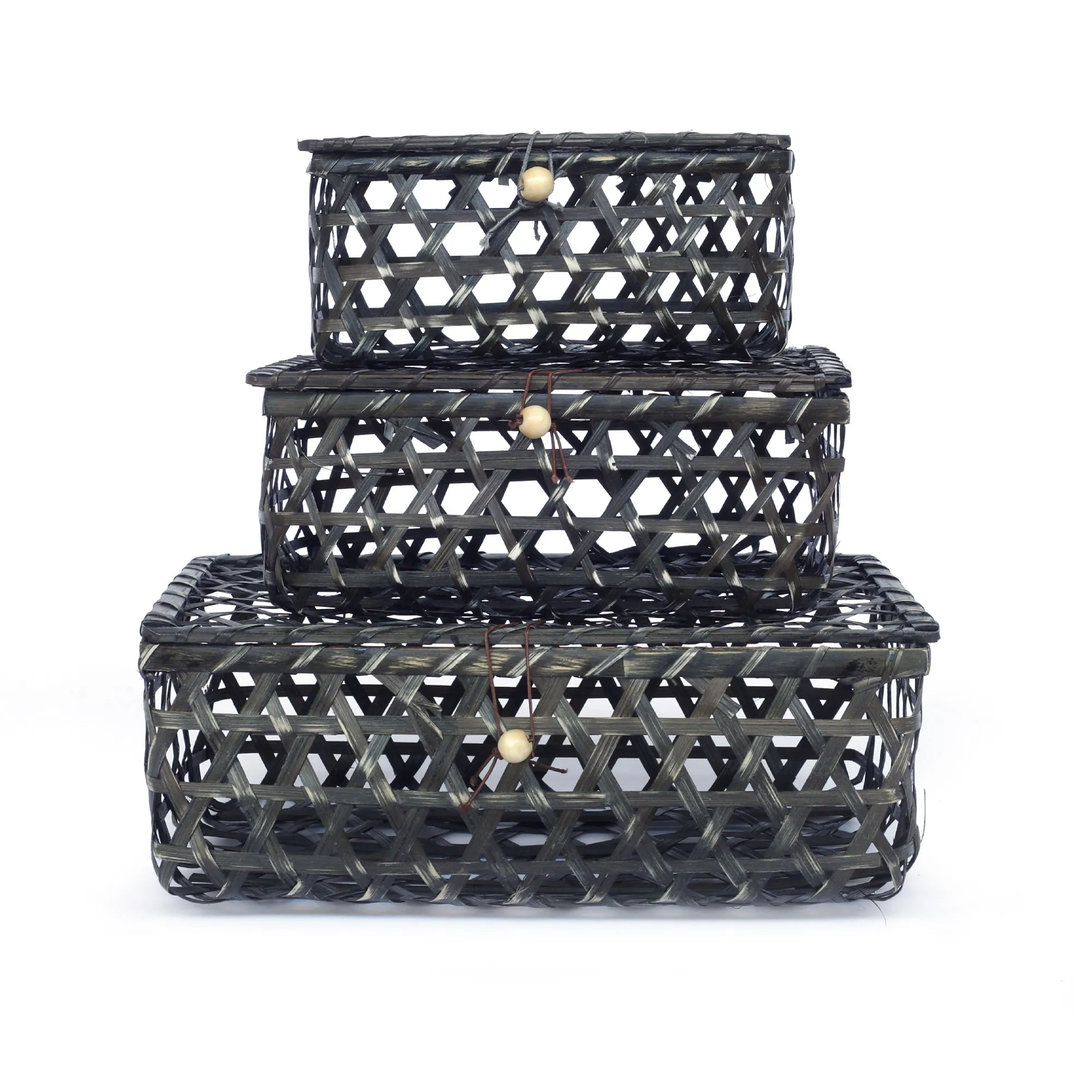 3er-Set Bambus-Körbe mit Deckeln, grau