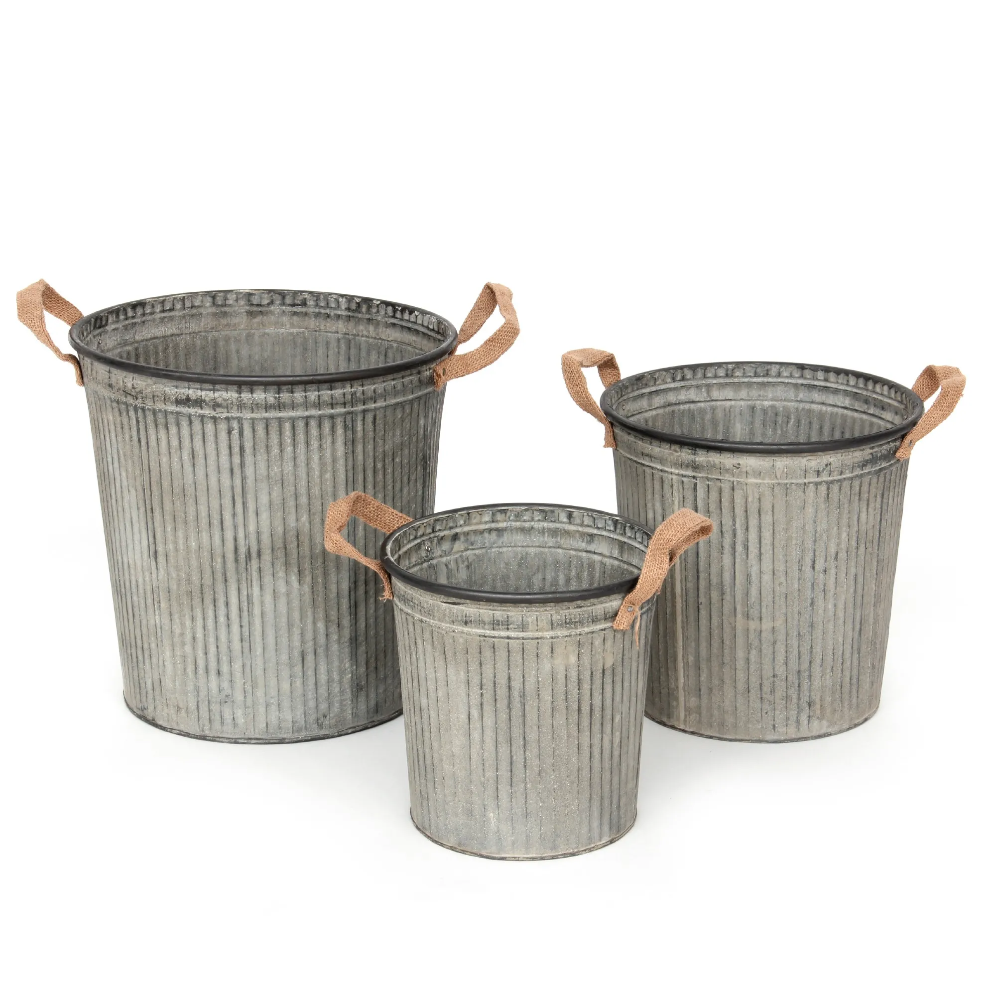 3er-Set Eimer mit Jutegriffen, Zink