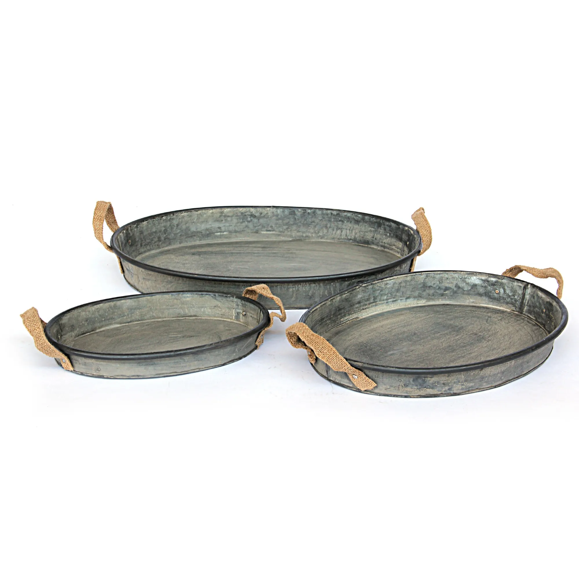 3er-Set Tablett mit Jutegriffen, Zink