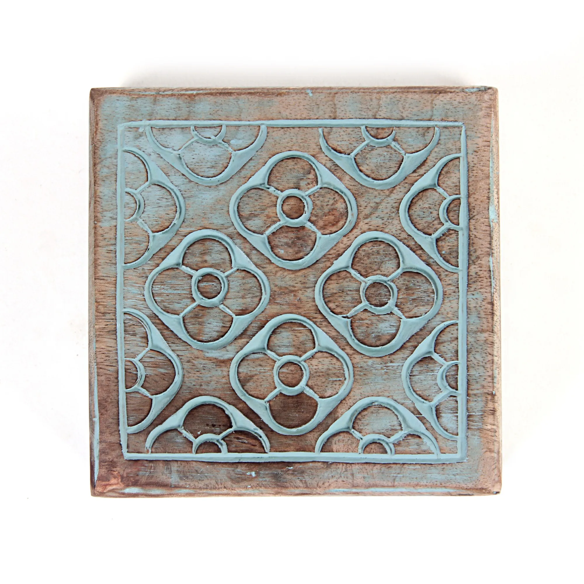 Box Mangoholz 'Blumen', natur, blau, T 14 cm, B 14 cm, H 6 cm