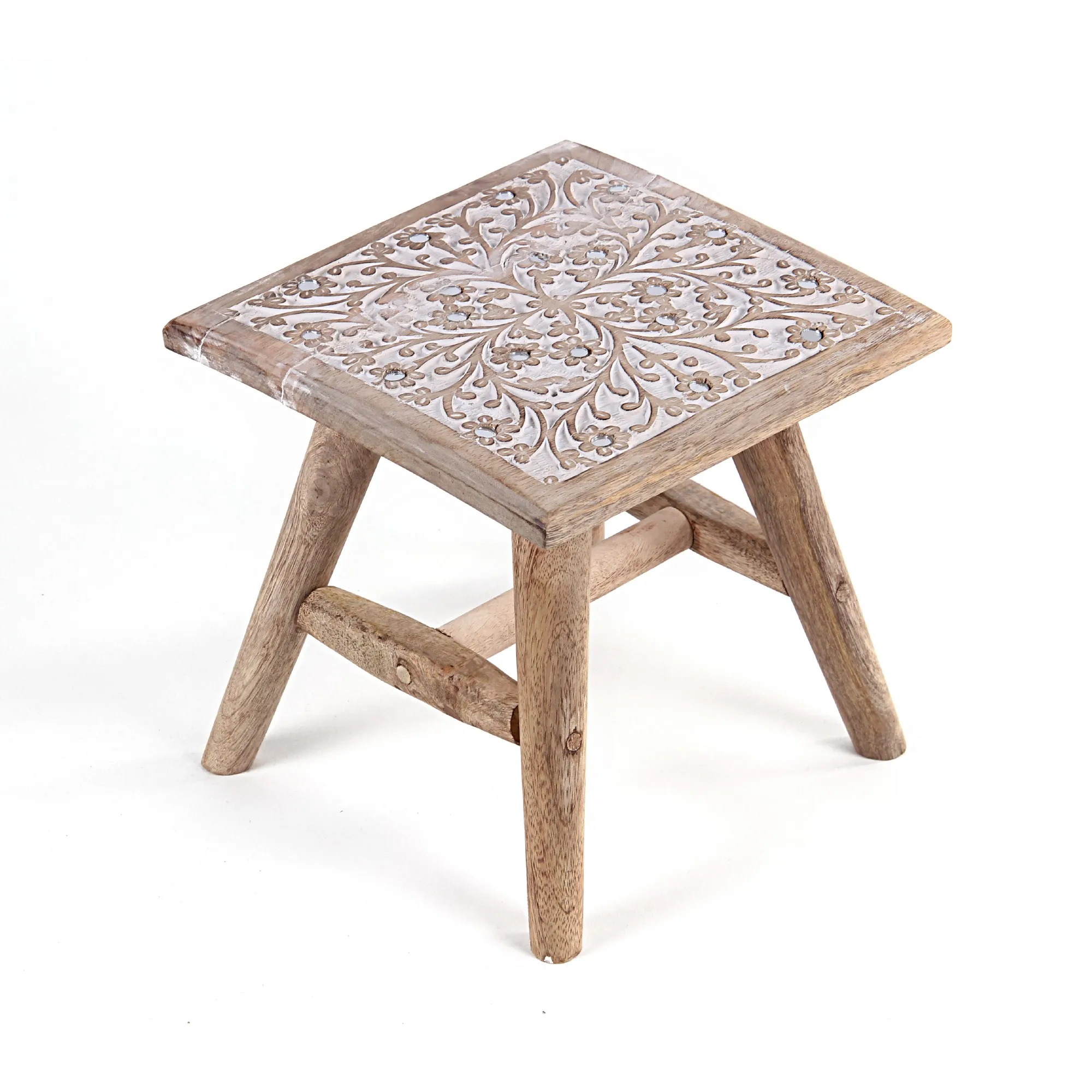 Hocker 'Flowers' Mangoholz, natur, weiß, T 25 cm, B 25 cm, H 25 cm