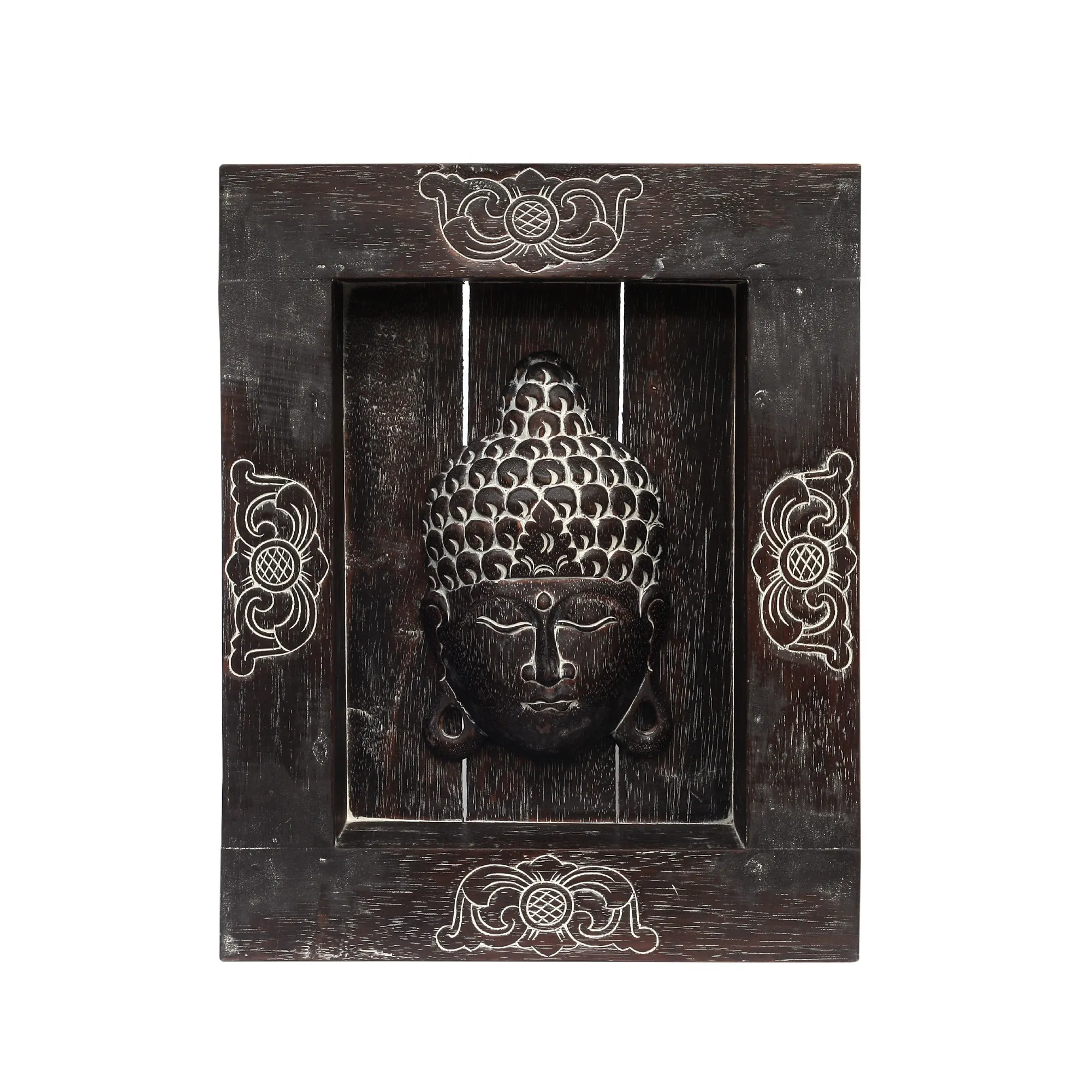 Buddha-Maske im Rahmen, B 45 cm, H 56 cm, L 11 cm