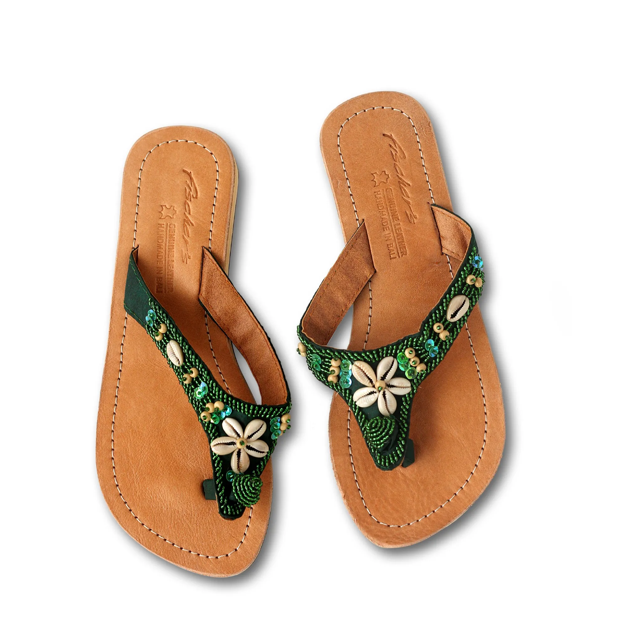 Damen-Sandalen mit Muscheln, grün, Leder, Gr. 37 - 42