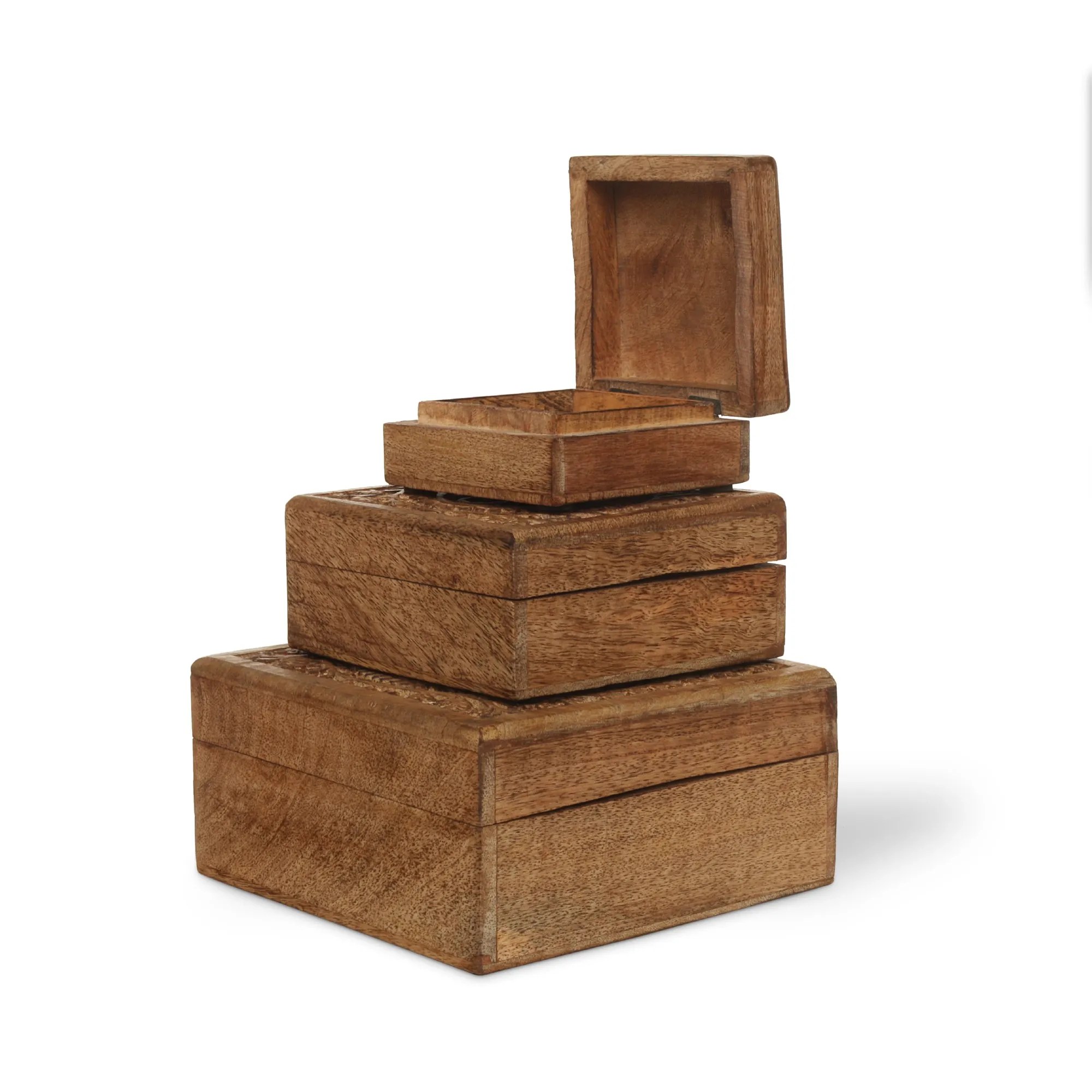 3er-Set Holzschatullen 'Ornamente', Mangoholz natur