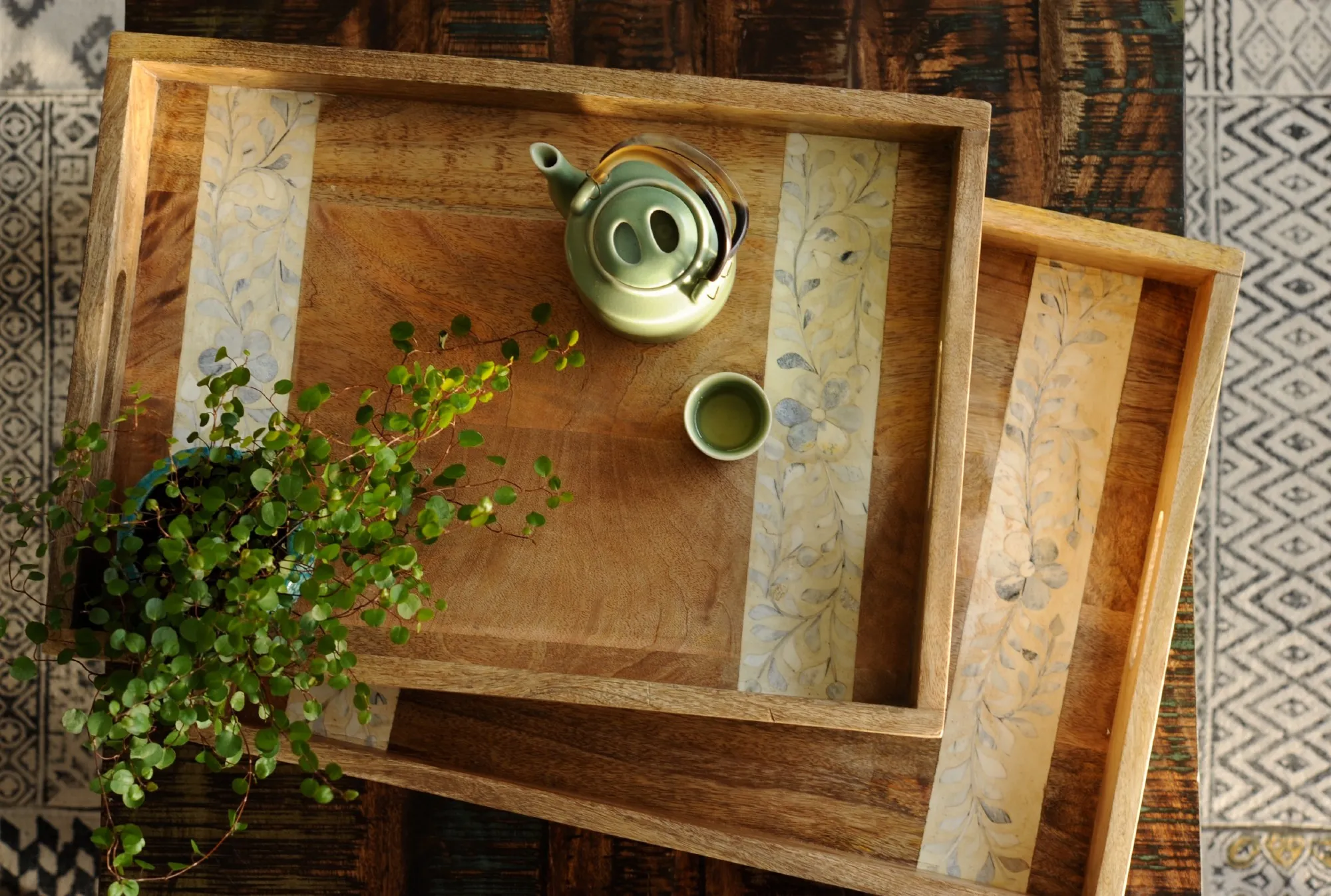 2er-Set Tablett 'Zamora', natur, mit Intarsien