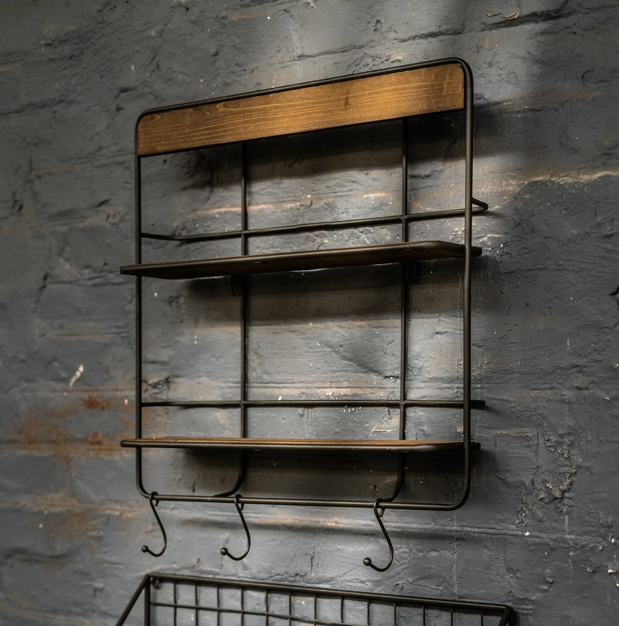 Wandregal mit Haken, Metall, Holz, H 50 cm, B 50 cm, T 12 cm