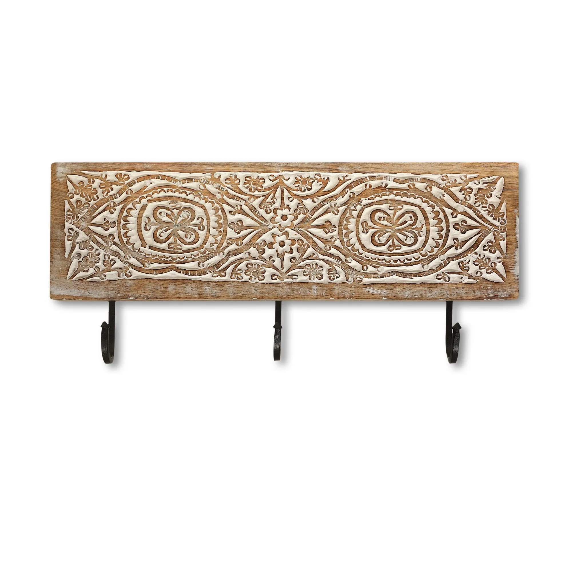 3er Wandhaken 'Baba Mandala', Mangoholz, B 38 cm, H 11 cm