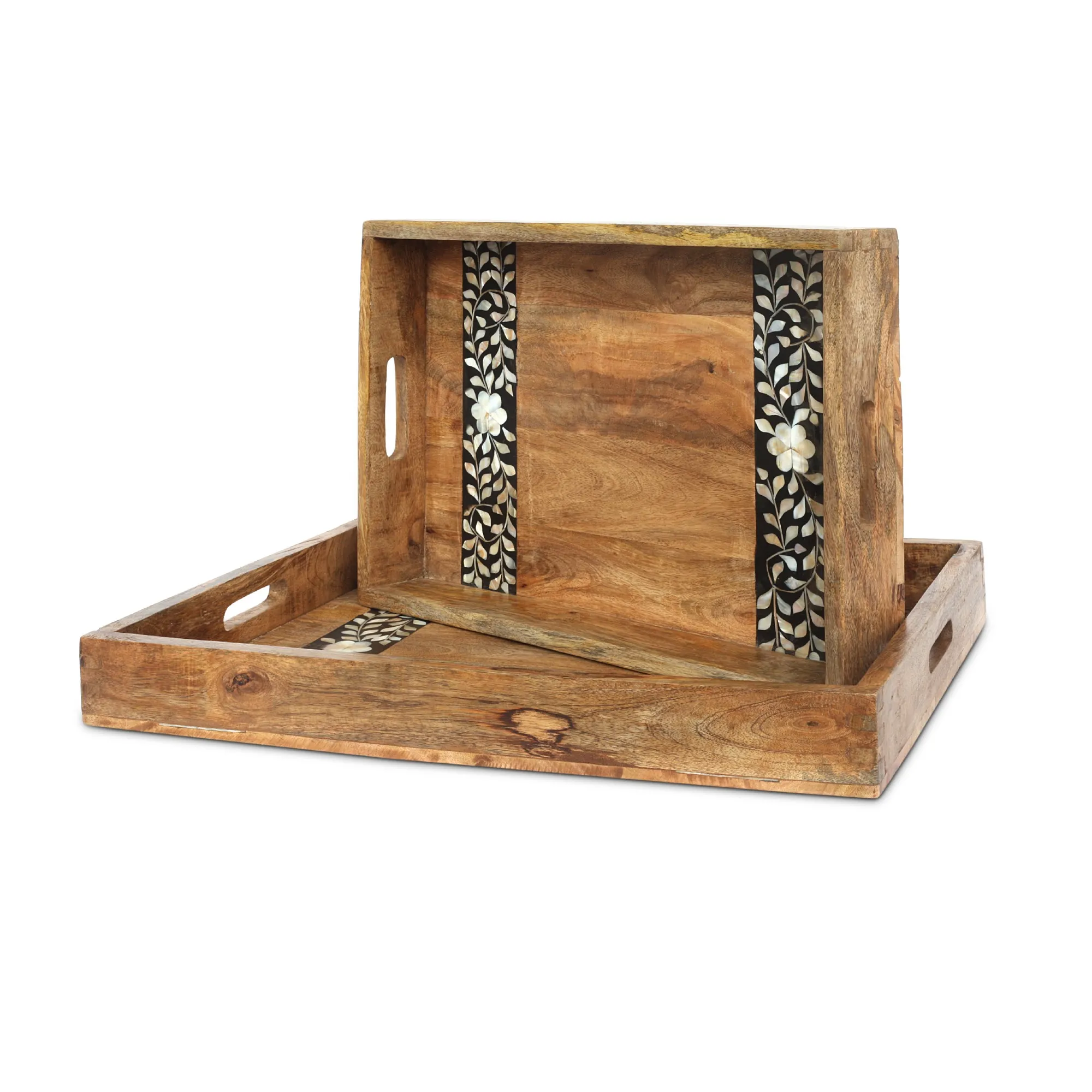 2er-Set Tablett 'Devoitre' mit Perlmutt-Einlagen, natur, schwarz-weiß