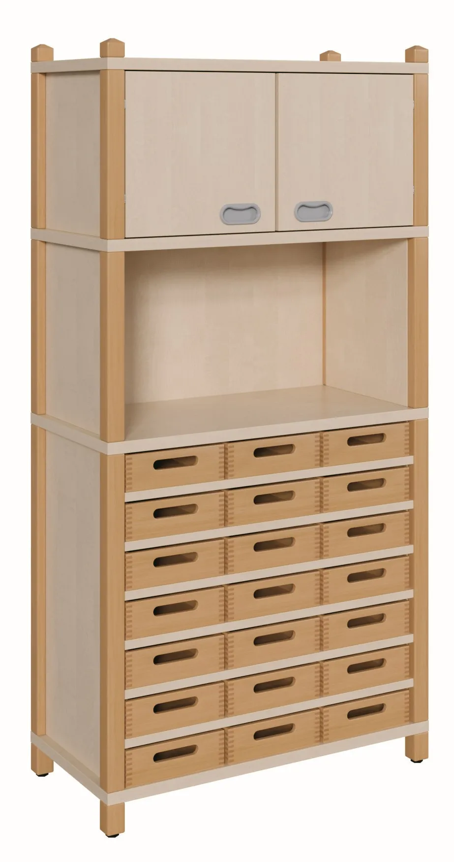 Stollenschrank mit 21 flachen Massivholzkästen & Oberschrank, Breite 82 cm