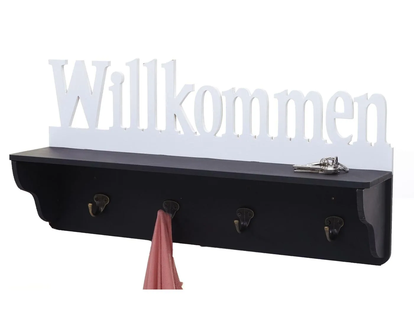 Wandgarderobe MCW-D41 Willkommen 4 Haken, Schwarz/weiß