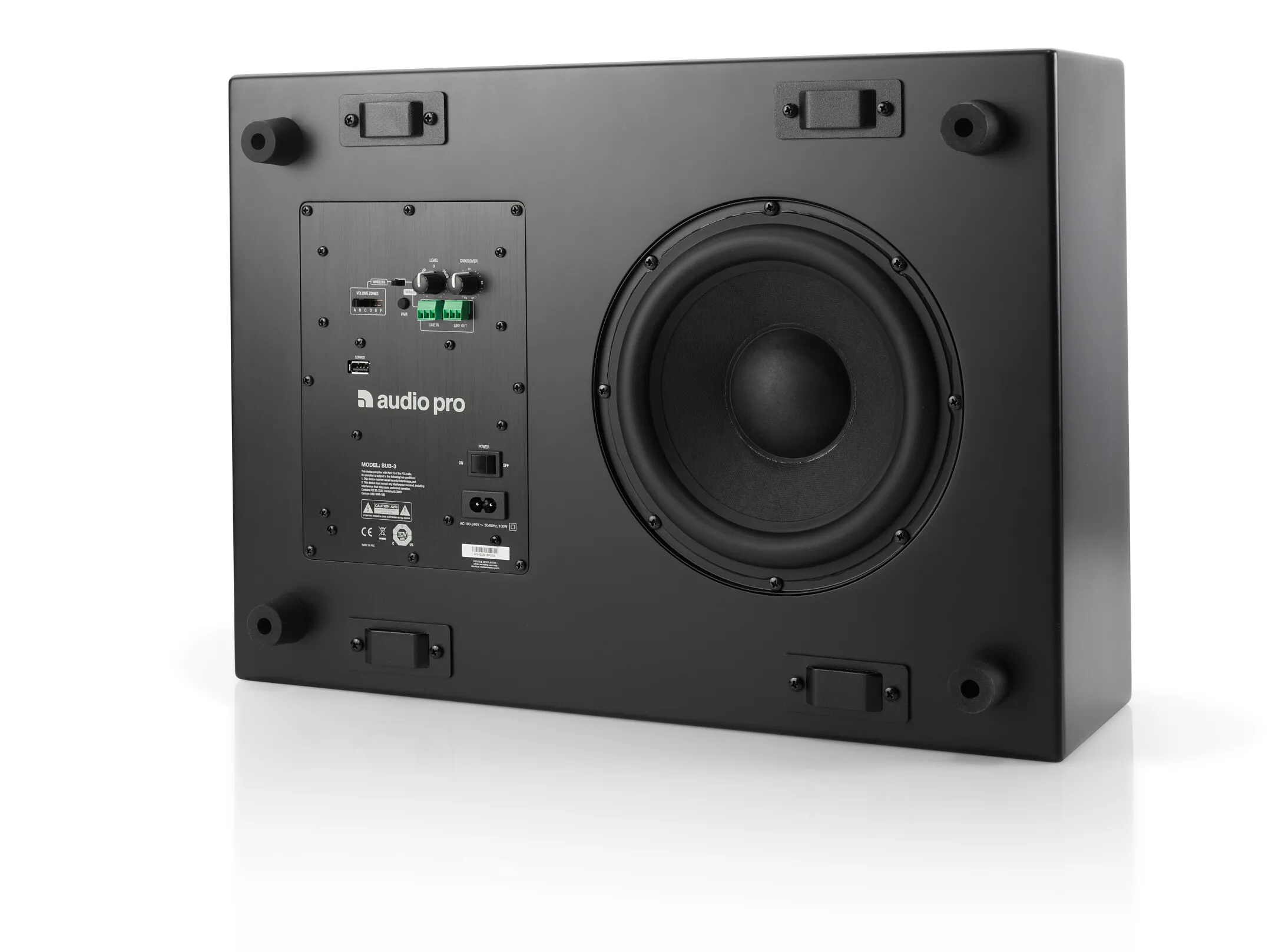 AudioPro Business SUB-3 - Kabelloser, aktiver Subwoofer mit DSP, DECT, 100W, 1x8", inkl. GA69 Lichtschienenadapter & Montagebügel, analoger Line In, schwarz