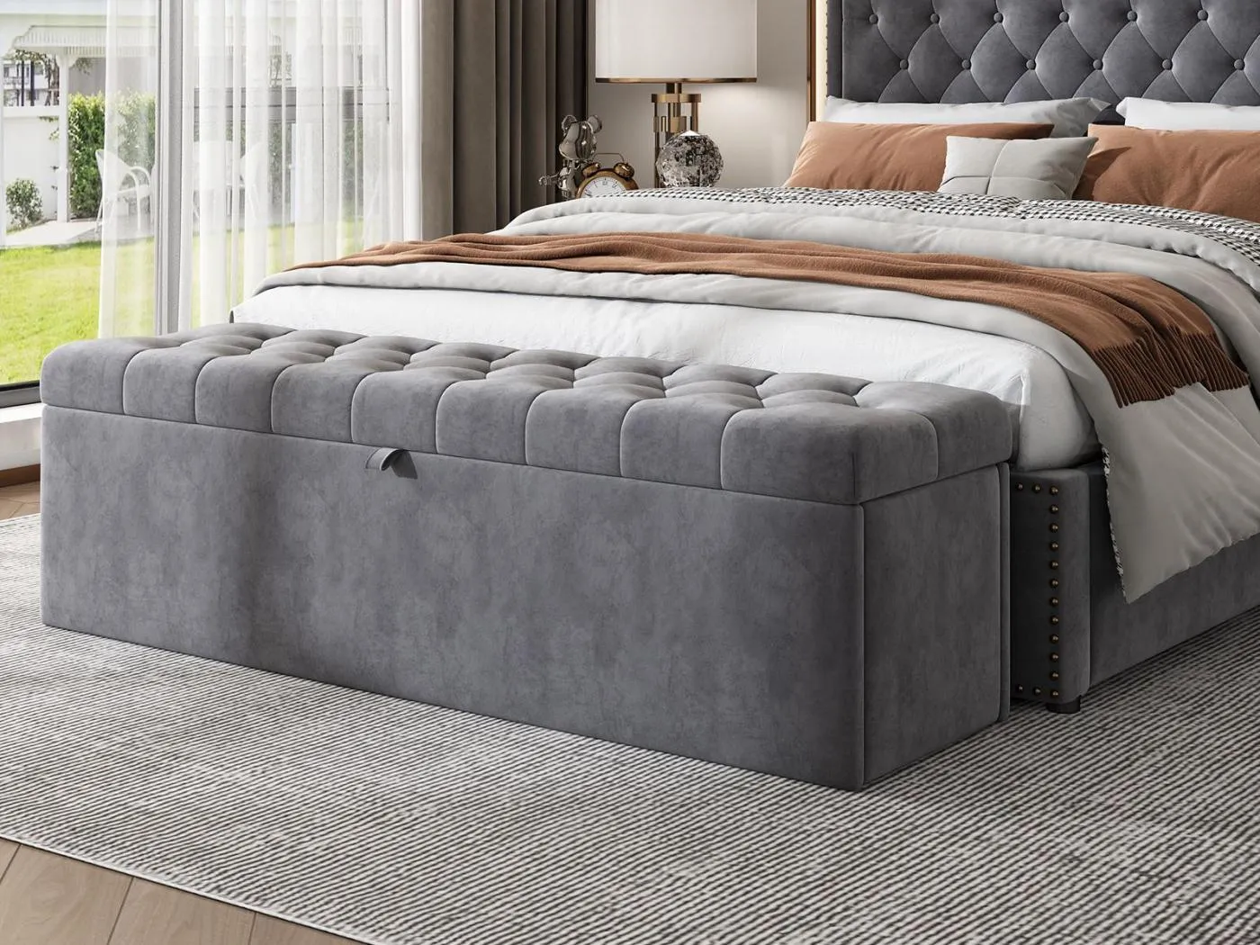 Mit Samt gepolsterte Truhenbank – Grau