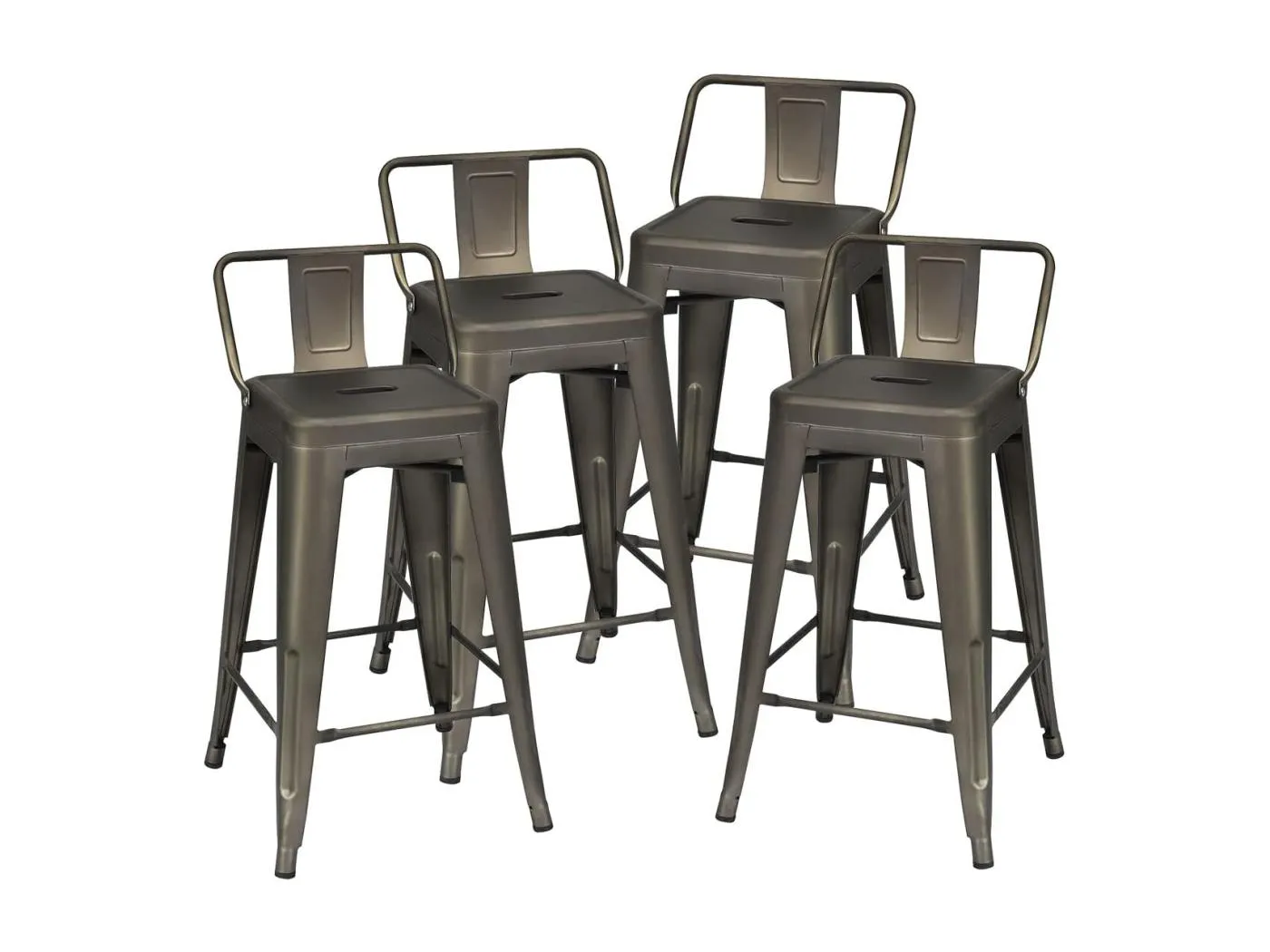 4er Set Barhocker, Barstuhl Vintage stapelbar, Sitzhöhe 62cm, Tresenhocker mit abnehmarer Rückenlehne & Fußpolstern, Bistrostuhl küchenhocker aus Metall bis 150kg belastbar (Bronze)