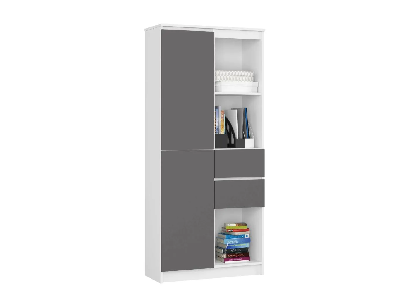 Büroregal AKORD R15 mit verschließbaren Tür Weiß 80 cm 2 Türen 2 Schubladen 7 Ebenen Front Graphitgrau B80 x H180 x T35 cm