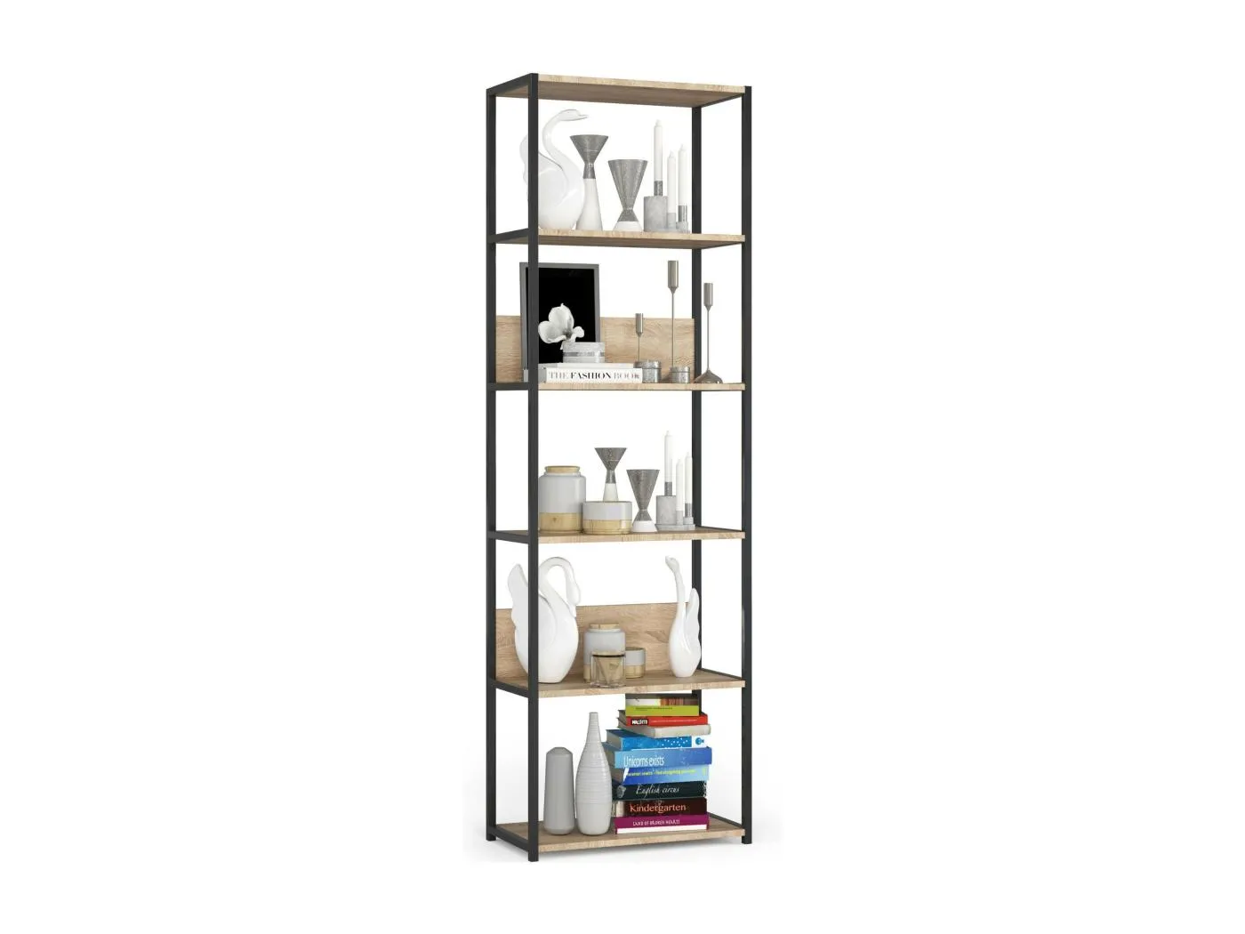 Bücherregal AKORD Metallregal mit Ebenen aus Holzwerkstoff Schwarz Breite 60 cm 6 Ebenen Sonoma-Eiche B60 x H192 x T32 cm
