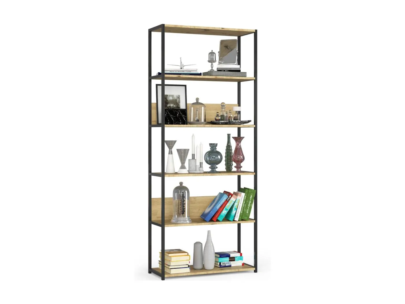 Bücherregal AKORD Metallregal mit Ebenen aus Holzwerkstoff Schwarz Breite 80 cm 6 Ebenen Eiche Artisan B80 x H192 x T32 cm