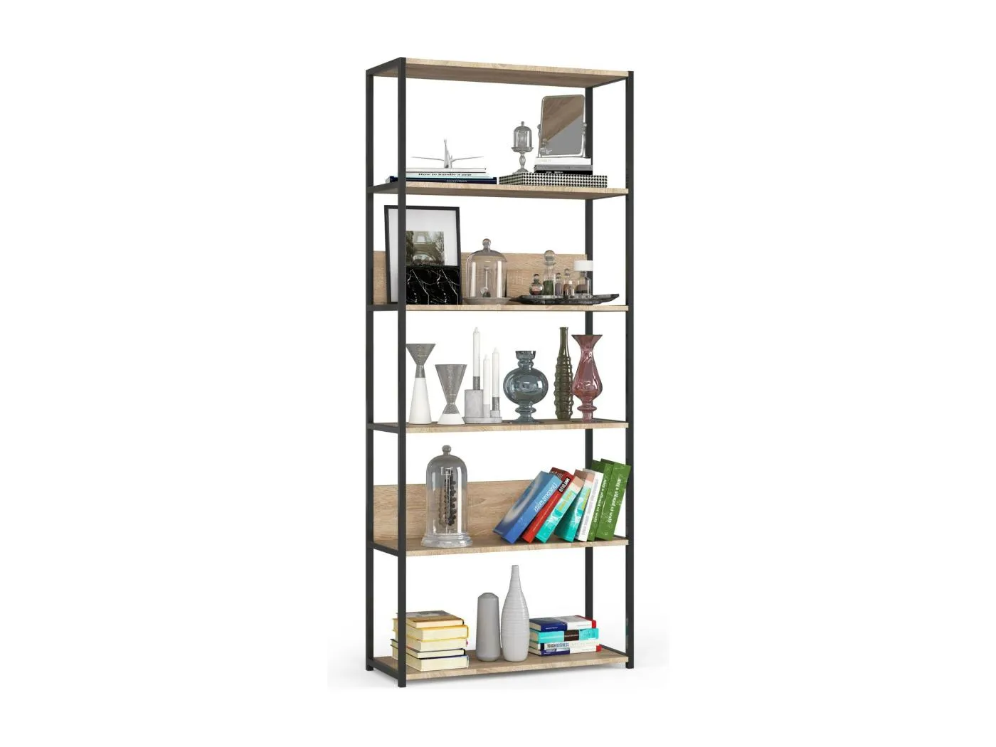 Bücherregal AKORD Metallregal mit Ebenen aus Holzwerkstoff Schwarz Breite 80 cm 6 Ebenen Sonoma-Eiche B80 x H192 x T32 cm