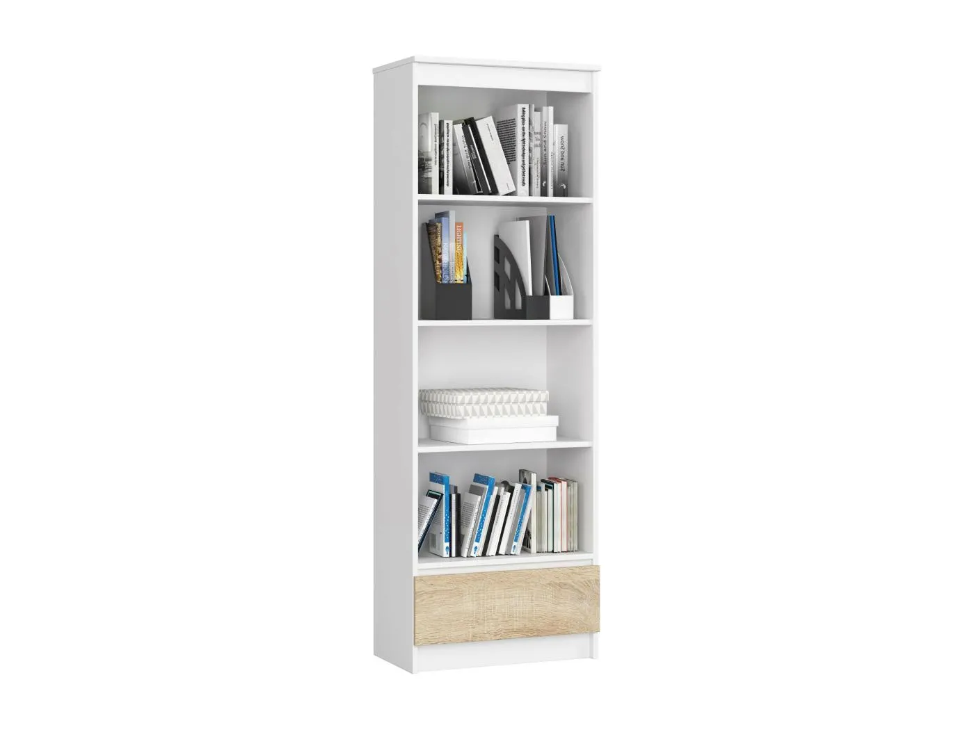 Büroregal AKORD R60 Büro-Bücherregal Weiß 60 cm Schublade 4 Ebenen Front Sonoma-Eiche B60 x H180 x T35 cm