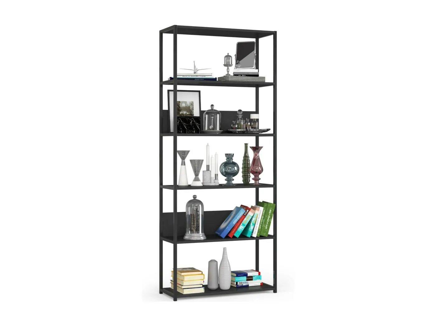Bücherregal AKORD Metallregal mit Ebenen aus Holzwerkstoff Schwarz Breite 80 cm 6 Ebenen B80 x H192 x T32 cm