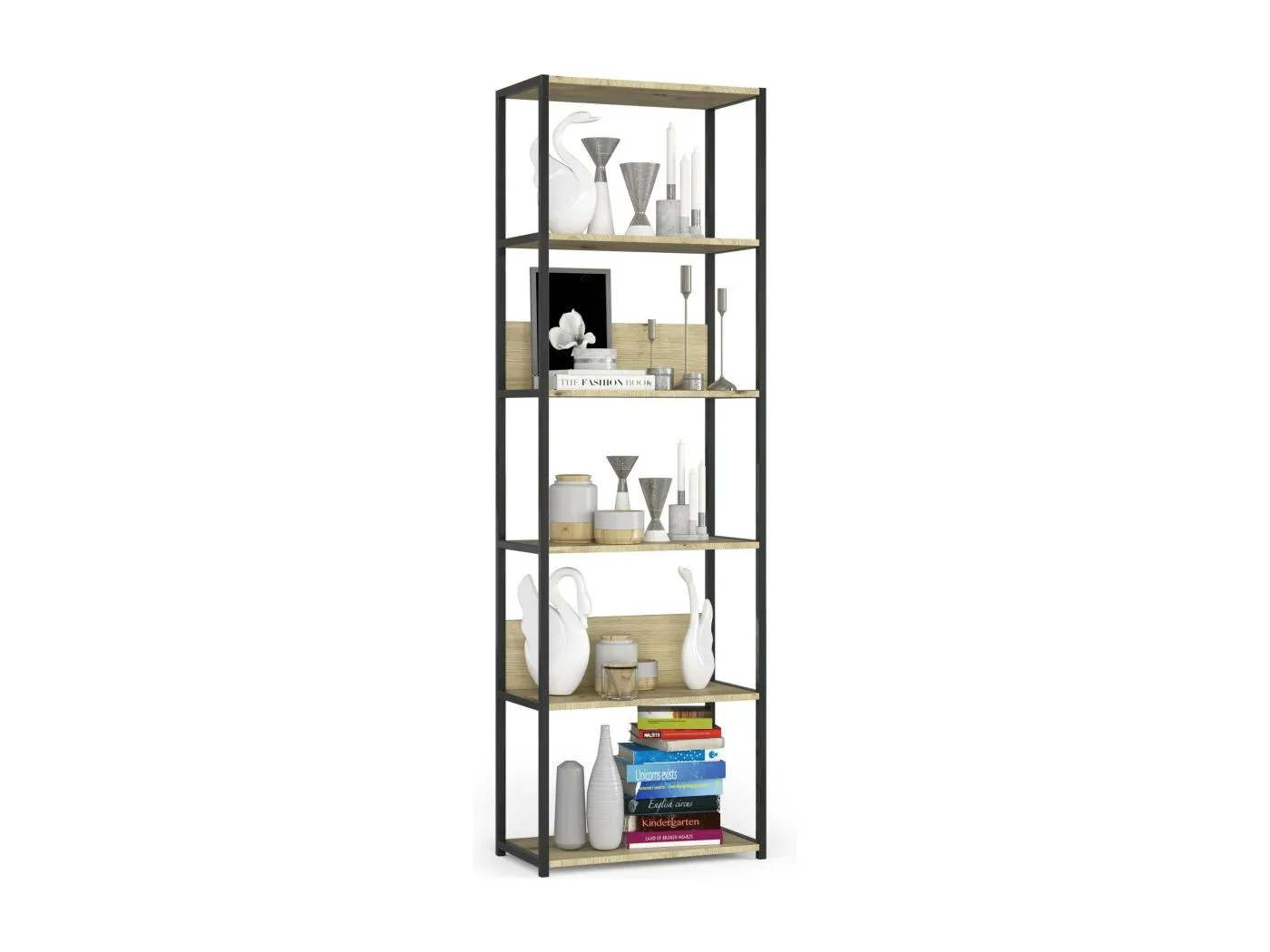 Bücherregal AKORD Metallregal mit Ebenen aus Holzwerkstoff Schwarz Breite 60 cm 6 Ebenen Eiche Artisan B60 x H192 x T32 cm