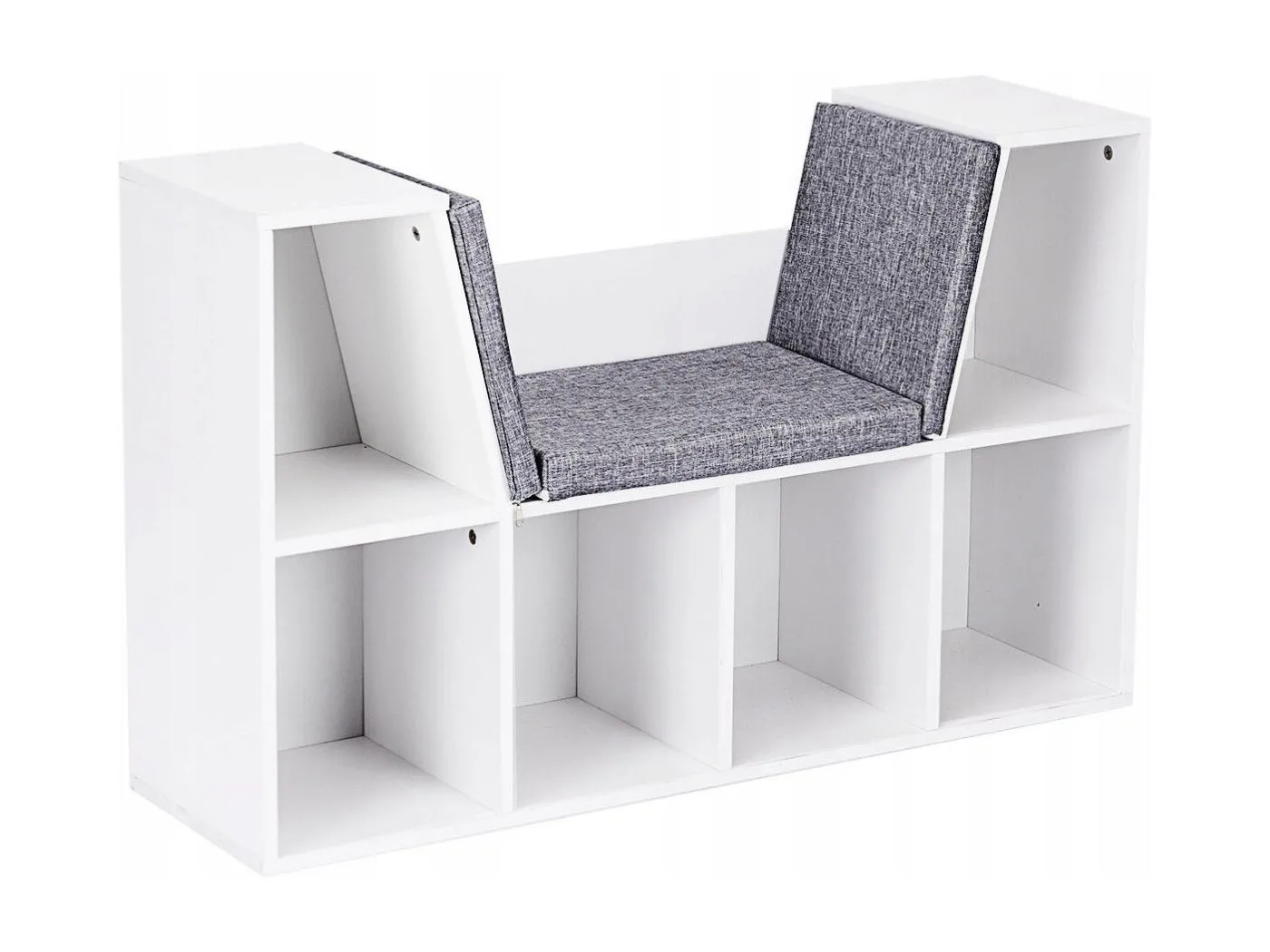 Bibliothèque de Rangement à 7 Casiers avec Coussins Rembourrés Gris Banc à Chaussures en Bois 102x30x63cm, Blanc