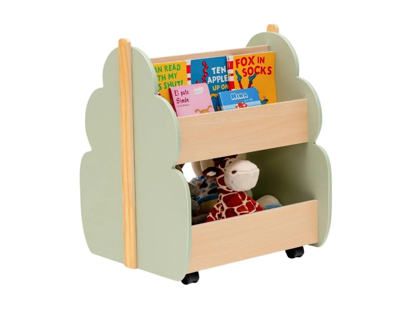 Kinder Bücherregal aus Holz mit Universalrädern 2 Ebenen Spielzeugregal auf Rollen Grün
